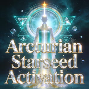 May include: A glowing humanoid figure in a long white and teal robe stands centered beneath a bright star. The text Arcturian Starseed Activation is displayed in large, metallic, three-dimensional letters over the figure against a dark blue background.