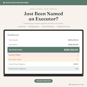 Estate Executor Organizer After Death Checklist and Probate Planner Asset Debt Tracker Task Deadlines Google Sheets and Excel
