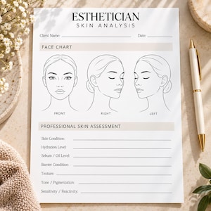 Puede incluir: Un formulario de papel blanco titulado Esthetician Skin Analysis con campos para el nombre del cliente y la fecha. Incluye tres ilustraciones de línea de un rostro de frente, perfil derecho e izquierdo, y una sección de evaluación cutánea.