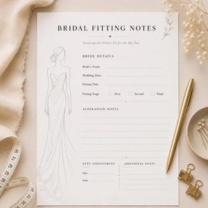 May include: A white paper form titled BRIDAL FITTING NOTES with a line drawing of a gown on the left. The form includes sections for Bride Details, Alteration Notes, Next Appointment, and Additional Notes with blank lines and checkboxes for fitting stages.
