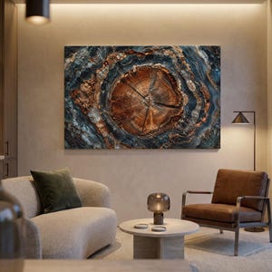 Op de afbeelding: Een rechthoekig wandkunstwerk met een centrale bruine boomringdoorsnede omringd door concentrische lagen van diepblauwe, grijze en metallic koperkleurige texturen, wat een geologisch en organisch uiterlijk op een plat oppervlak creëert.