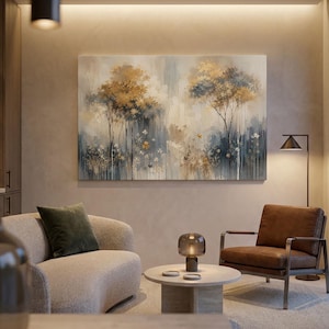 Gold Tree Canvas Print, Abstract Landscape Wall Art, Navy Blue Beige Forest Floral Artwork, Elegant Modern Nature Living Room Decor
