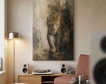 May include: A rectangular wall art print featuring a detailed painting of a leopard walking forward. The leopard has a spotted coat in shades of gold, brown, and black. The background is an abstract blend of neutral beige, gray, and dark brown tones.