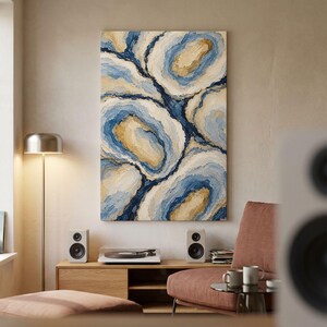 Blue And Gold Canvas Print, Textured Abstract Stone Wall Art, Modern Neutral Geode Decor, Coastal Ocean Swirl Artwork For Living Room