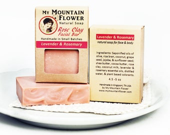 All Natural Rose Clay Facial Soap, Vegan Shea Butter, Lavender Rosemary Scented