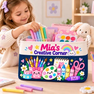 May include: A rectangular fabric storage bin with rope handles, featuring a dark blue base with colorful illustrations of art supplies, a palette, and scissors. The top section is cream-colored with the text Mia's Creative Corner.