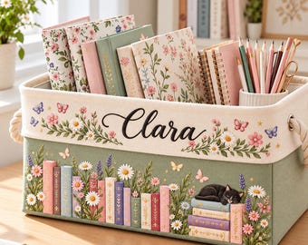 Personalised Birth Flower Book Basket, Custom Name Floral Bin, Cottagecore Reading Organizer Lover Gift, Black Cat Bookish Decor STB-0018
