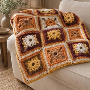Häkelanleitung für eine Patchwork-Decke im Herbststil (PDF), 52 x 52 cm, 16 cm große Herbstüberwurfdecke
