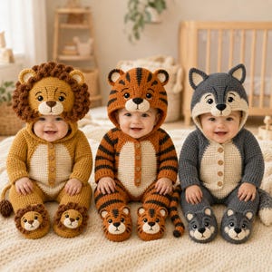 Pacchetto di modelli all'uncinetto per tutina da neonato a tema animali: leone, tigre, lupo (PDF, download immediato)