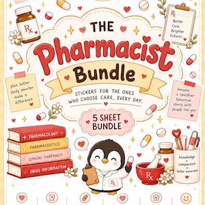 Puede incluir: Una hoja de pegatinas titulada The Pharmacist Bundle que presenta un pingüino de dibujos animados con bata de laboratorio, pilas de libros de texto de farmacia, frascos de pastillas, mortero y varias notas motivadoras con corazones.