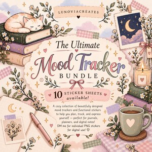 May include: A digital sticker bundle titled The Ultimate Mood Tracker Bundle with 10 sticker sheets. The illustration features a sleeping cat on books, a moon photo, a lit candle, a coffee mug, and a pen, all decorated with floral motifs.
