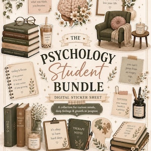 May include: A digital sticker bundle featuring psychology-themed illustrations including stacks of books, a brain with flowers, a cosy armchair, a candle, a clipboard with text, and various notes with inspirational quotes in a neutral colour palette.