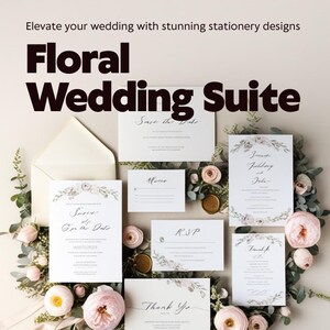 Puede incluir: Un conjunto de papelería de boda floral con tarjetas blancas y texto en caligrafía negra, incluyendo tarjetas de Save the Date, RSVP y agradecimiento, decorado con flores de ranúnculo rosa y hojas de eucalipto verde.