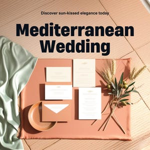 Puede incluir: Un conjunto de papelería de boda color crema que incluye tarjetas y un sobre sobre una tela terracota, acompañado de un pequeño cuenco de cerámica, una tela de satén verde salvia y una rama de trigo y aceitunas. El texto dice: Mediterranean Moments, Discover sun-kissed elegance today, Mediterranean Wedding.