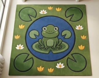 カエルの池柄の子供部屋用ラグ、森の動物柄の子供部屋装飾、睡蓮の葉柄のプレイマット、子供用ラグ、感覚遊び用ラグ、子供部屋の床装飾