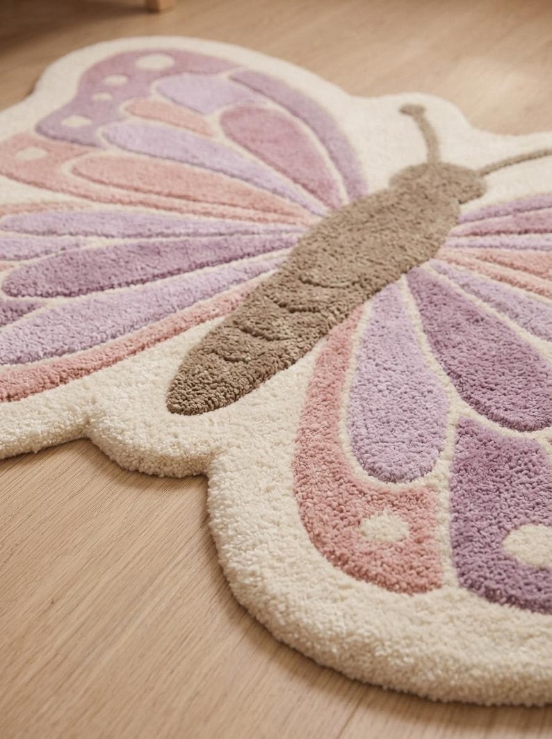 Hand Tufted Wool Butterfly Rug, Pastel Nursery Decor, Kids Play Mat ...
