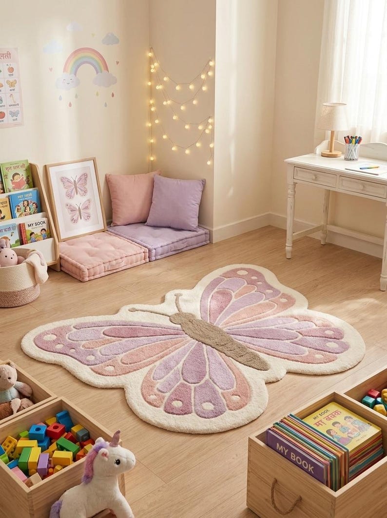 Hand Tufted Wool Butterfly Rug, Pastel Nursery Decor, Kids Play Mat ...