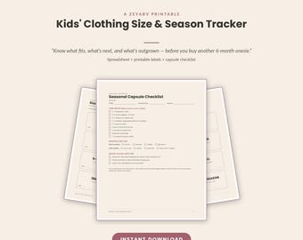 Suivi des tailles et des saisons pour les vêtements enfants, organisateur de placard, registre de transmission (téléchargement instantané)