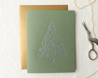 Abstract Christmas Tree letterpress card, organic shapes simple modern holiday metallic silver green