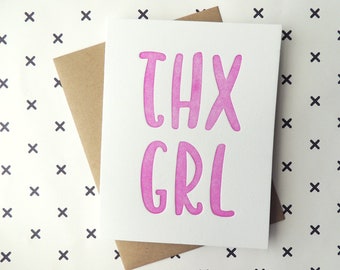 THX GRL letterpress card, thanks girl fun neon purple handmade