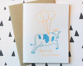 Holy Cow Birthday letterpress card, flying cow funny quirky balloons neon animal