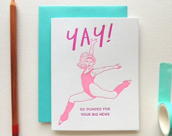 Yay So Pumped Big News card, letterpress 80s workout leotard woman jumping congrats