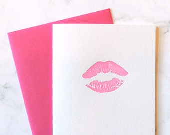 Kiss (Mwah) letterpress card, Valentine lips neon XOXO pink love marriage wedding