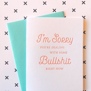 I'm Sorry You're Dealing with Bullshit letterpress card, typography neon sympathy friendship apology image 1