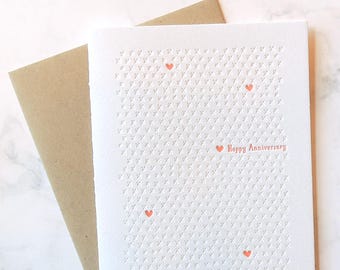 Anniversary letterpress card, neon pattern XOXO hearts pink love marriage wedding