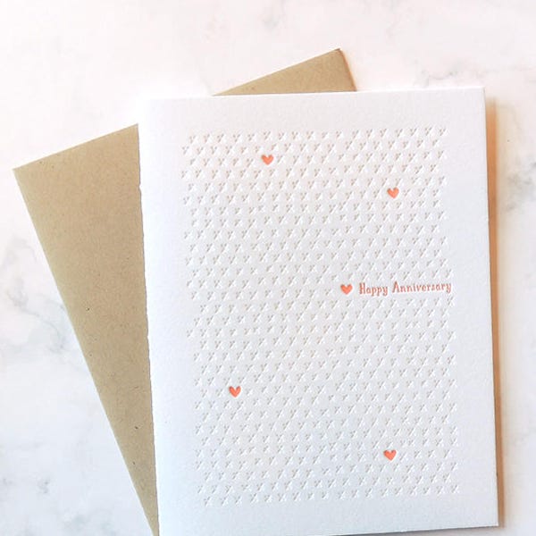 Anniversary letterpress card, neon pattern XOXO hearts pink love marriage wedding