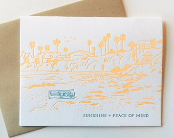 Sunshine + Peace of Mind letterpress card, beach illustration sun ocean palm trees neon California