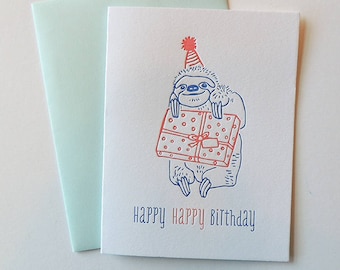 Happy Birthday Sloth letterpress card, cute funny animal birthday card friends blue red celebrate