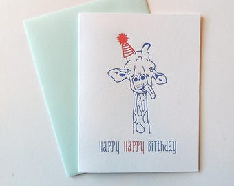 Happy Birthday Giraffe letterpress card, cute funny animal birthday card friends blue red celebrate