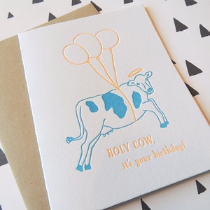 Holy Cow Birthday letterpress card, flying cow funny quirky balloons neon animal image 3