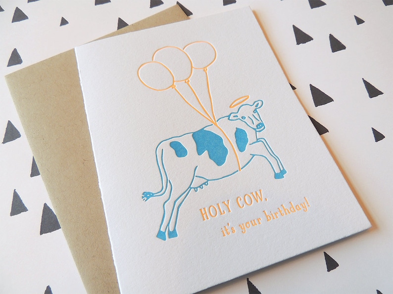 Holy Cow Birthday letterpress card, flying cow funny quirky balloons neon animal image 3