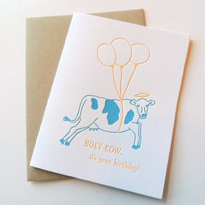 Holy Cow Birthday letterpress card, flying cow funny quirky balloons neon animal image 2