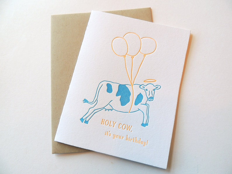 Holy Cow Birthday letterpress card, flying cow funny quirky balloons neon animal image 2