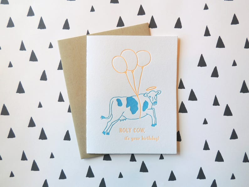 Holy Cow Birthday letterpress card, flying cow funny quirky balloons neon animal image 1