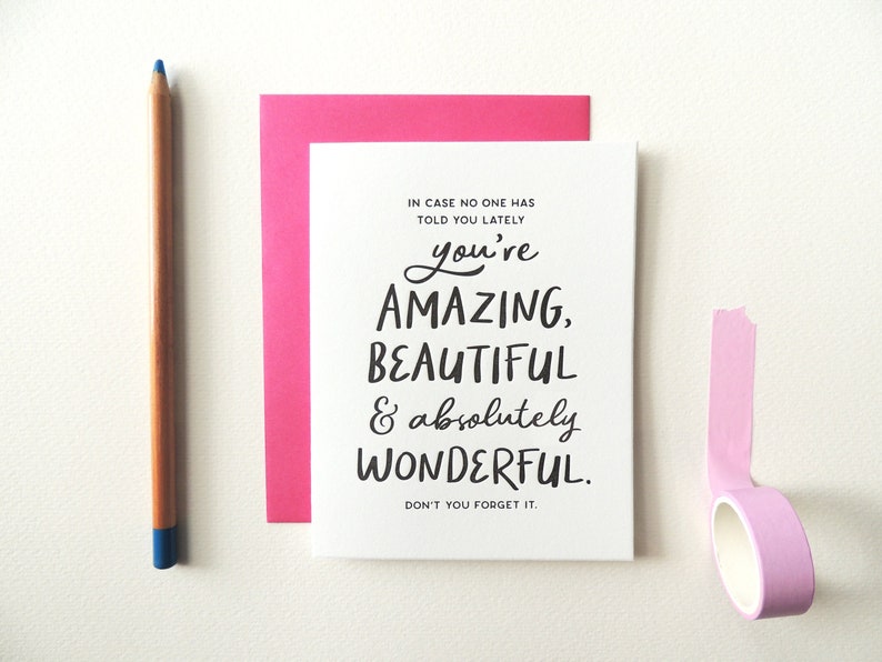 Amazing Beautiful Wonderful letterpress card, friends support encouragement everyday positive love black lettering image 1