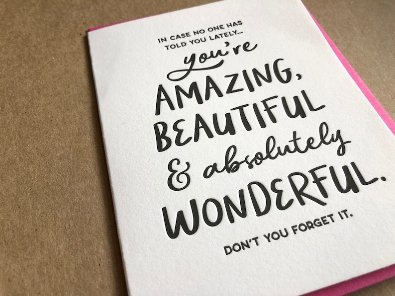 Amazing Beautiful Wonderful letterpress card, friends support encouragement everyday positive love black lettering image 2