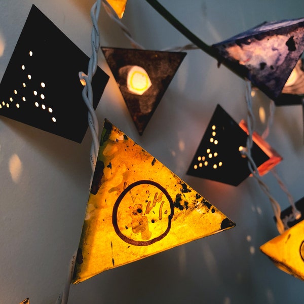 Geometric Paper Light Garland - MERCURY - solar system lanterns in gray, black, acid yellow, and cobalt, minimalist lighting for the home