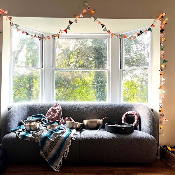 Indoor Hanging Lights - THE BRYOPHYTA - paper lanterns in sage & turmeric light garland with watercolor textures and abstract color blocking