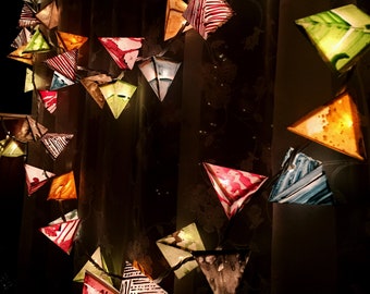 Handmade Origami Lights - April Come She Will - Hanging Paper Pyramid String Lights - Frog Green, Cranberry Red, Goldenrod, Blues Earth Tone