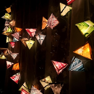 Handmade Origami Lights - April Come She Will - Hanging Paper Pyramid String Lights - Frog Green, Cranberry Red, Goldenrod, Blues Earth Tone