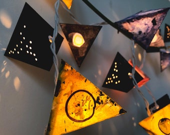 Geometric Paper Light Garland - MERCURY - solar system lanterns in gray, black, acid yellow, and cobalt, minimalist lighting for the home