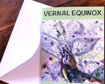 Handmade Greeting Card - SPRING EQUINOX 2024 - Winged Grasshopper Brings Spring - Blank Card, Collage Analog Illustration Vernal Celebration
