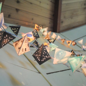 Origami Paper Light Garland - MOON - Handmade Lanterns - Solar System Strand Inspired by the Moon - charcoal, icy blue black, gray, and aqua