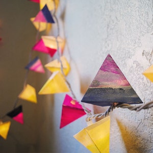 Garland Lights - MAY ZAZZ - handmade geometric paper pyramid fairy lights with dip-dye details, magenta, denim, & canary yellow nursery art