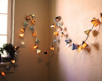 Light Garland Paper Pyramid Lanterns - CHEERY HUNTER - handpainted lanterns in cornflower blue and hunter green with striped stenciling