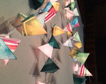 Paper Pyramid Light Garland - RADIOACTIVITY - handmade paper lanterns with emerald dots, stencil stripes, pumpkin, white, sage, blue & cream